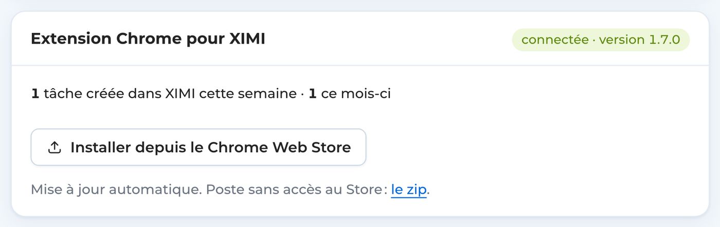 Carte « Extension Chrome pour XIMI » de l’espace, extension connectée en version 1.7.0